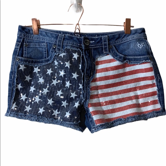 Justice Sequin Distressed Flag Denim Jean Shorts - Picture 2 of 12